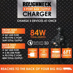 Roughneck 5 Port Car Charger W/Backseat Extention- 4/DISPLAY