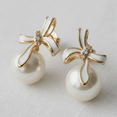 Pearl Bowknot Stud Earrings with French Elegance