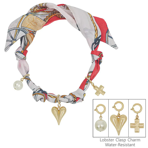 Red and White Heart, Cross and Pearl  Scarf Necklace