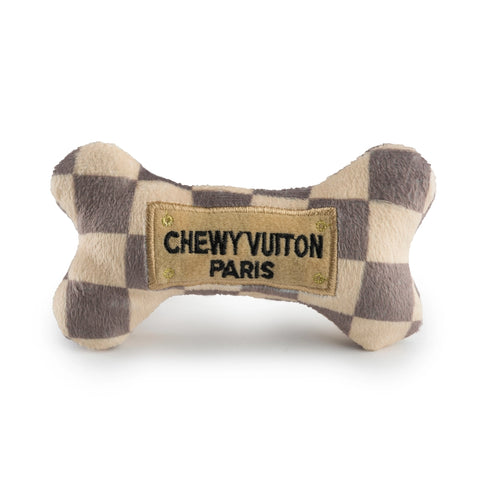 Jouet pour chien Vuiton Bones à couiner, texture moelleuse à carreaux - 2 tailles
