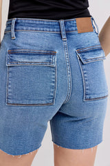 Judy Blue Medium Wash Bermuda Shorts with Raw Hem and Back Flap Pockets