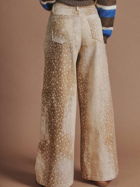 Deer Print Wide Leg Cotton Twill Pants