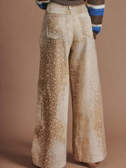 Deer Print Wide Leg Cotton Twill Pants