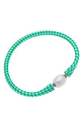 Bali Freshwater Pearl Silcone Bracelet - Green Check