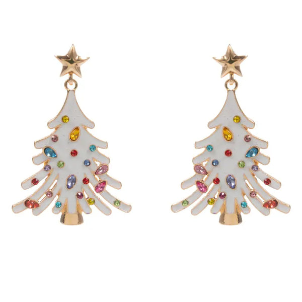 Bejeweled Tree Earrings with Snow and Rhinestones