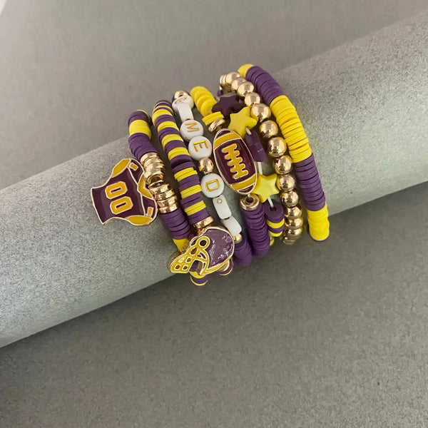 Football Purple and Gold Stretch Bracelet Set