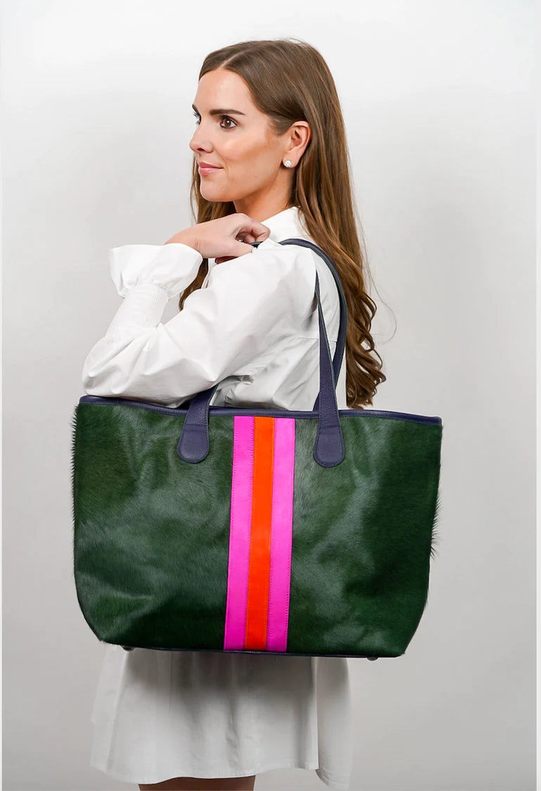 Parker and Hyde Forest Green Coral and Pink Hyde Stripe Tote