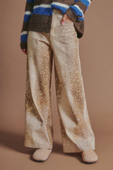 Deer Print Wide Leg Cotton Twill Pants
