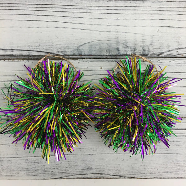 Mardi Gras Tinsel Pompom Hoop Earrings