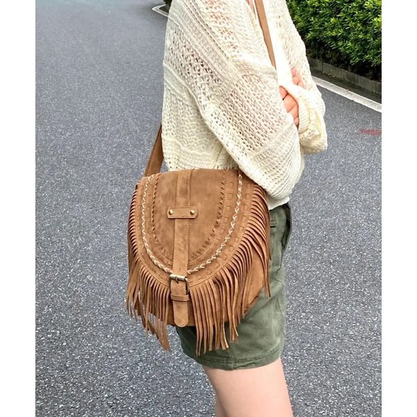 Vintage Camel Tassel Saddle Bag