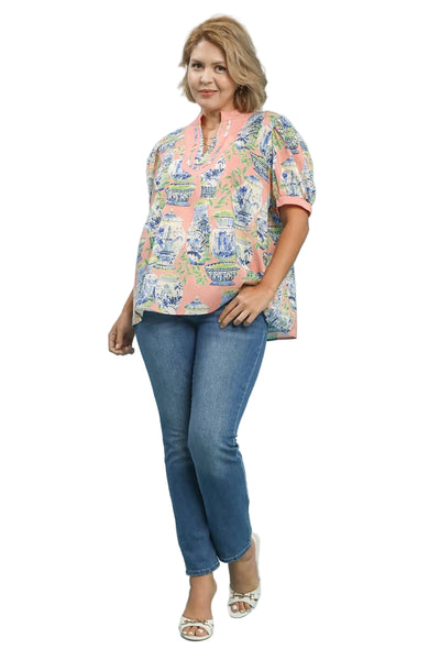 Blue and White Vase Blouse
