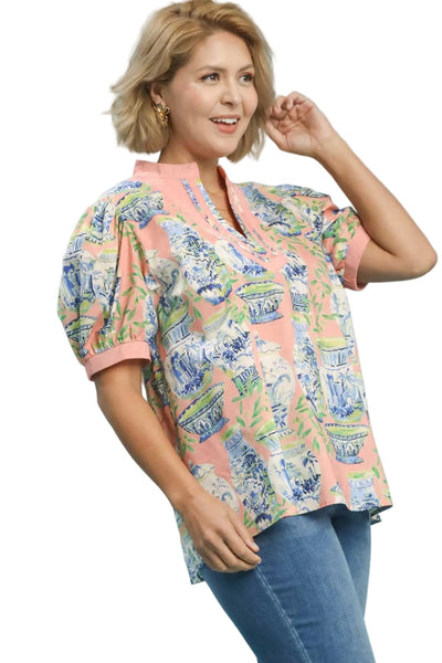 Blue and White Vase Blouse