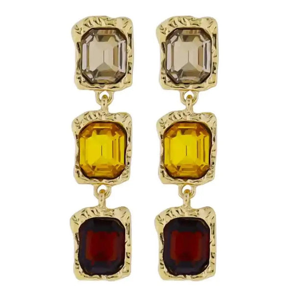 Jane Marie Gold Textured Champagne, Topaz, Amber Crystal Squares Earrings
