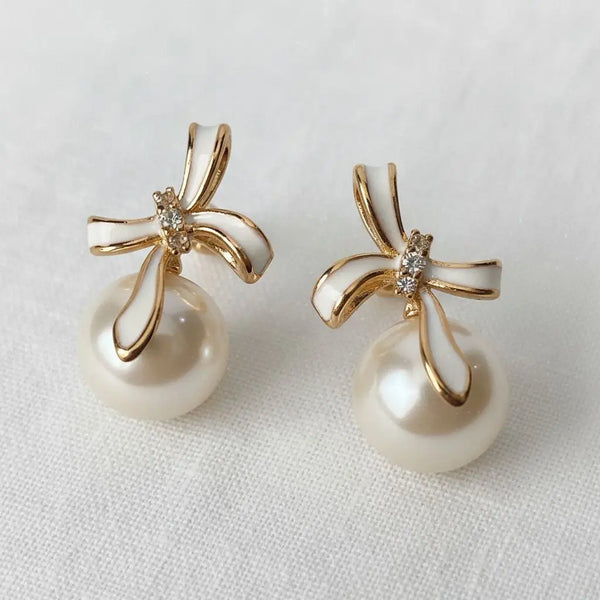 Pearl Bowknot Stud Earrings with French Elegance