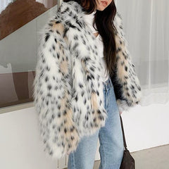 Spotty Soft Animal Print Faux Fur Thick Coat