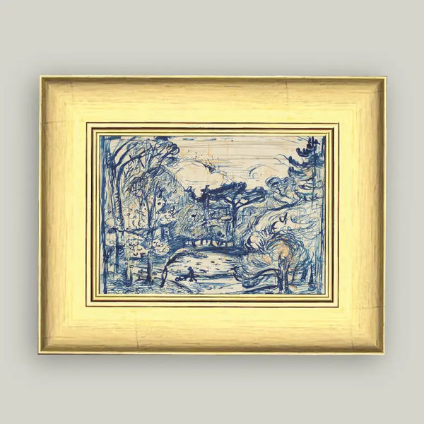 Forest with Woodcutter Framed Antique Art
