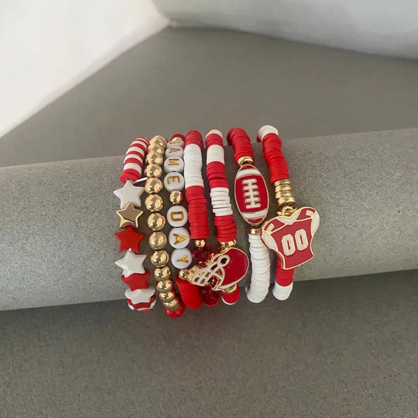 Football Red and White Stretch Bracelet Set