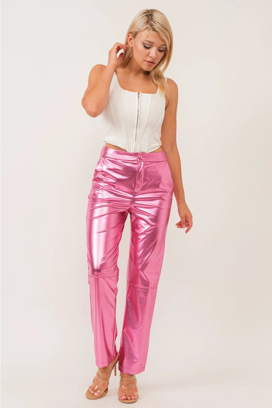 Metallic Pants for Women Shiny Holographic Pants Dance Pants Glitter Rave  Dance Pants Festival Clothing Trousers Streetwear Disco Kpop Outfits  Straight Leg Faux Leather Pants with Pockets Pink M - Yahoo Shopping