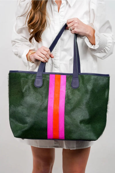 Parker and Hyde Forest Green Coral and Pink Hyde Stripe Tote