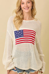 American Flag Boat Neck Crochet Sweater
