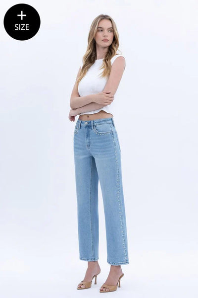 Lovervet  - High Rise Ankle studded slim wide leg Jeans