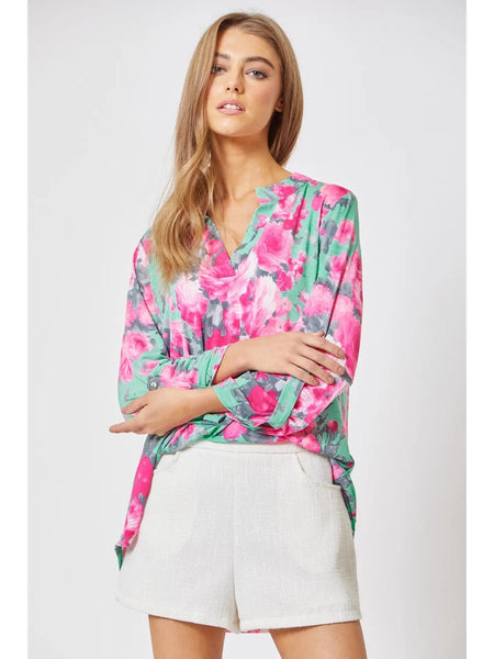 Dear Scarlett-Lizzy 3/4 Sleeve Lizzy Wrinkle Free Top-Mint Pink Floral