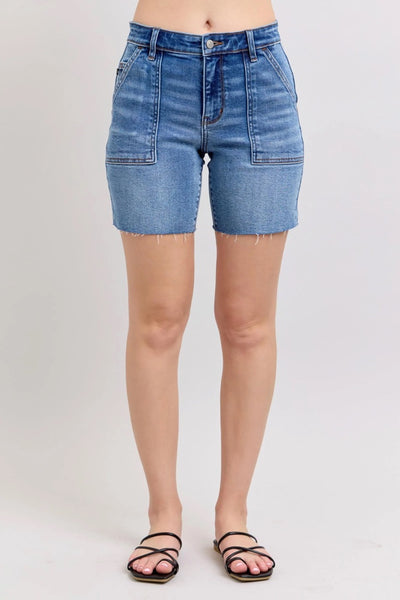 Judy Blue Medium Wash Bermuda Shorts with Raw Hem and Back Flap Pockets
