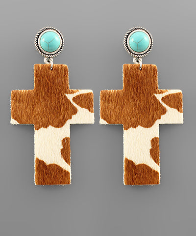 Caramel/Ivory/Turquoise Leather Cross Earrings