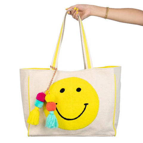 Happy Face Chenille Patch Canvas Big Tote Bags