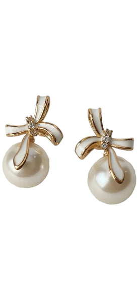 Pearl Bowknot Stud Earrings with French Elegance