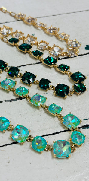 Cushion Cut Square Glass Crystal Linked Chain Necklace - 3 Colors