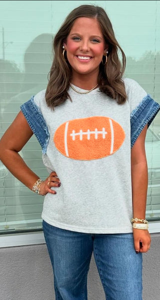 Patch Denim Frayed Edge Gameday Top