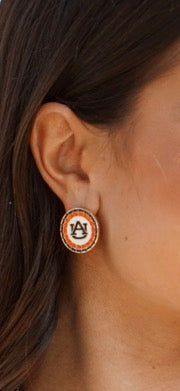 Auburn Tigers Pave Disc Stud Earrings in Orange/Navy/White