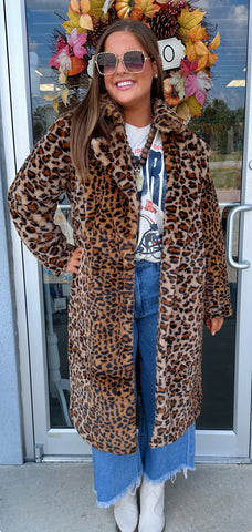 Contessa Leopard Pattern Faux Fur Long Coat