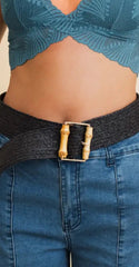 Elastic Raffia and Bamboo Buckle Waist Belt - 2 Colors