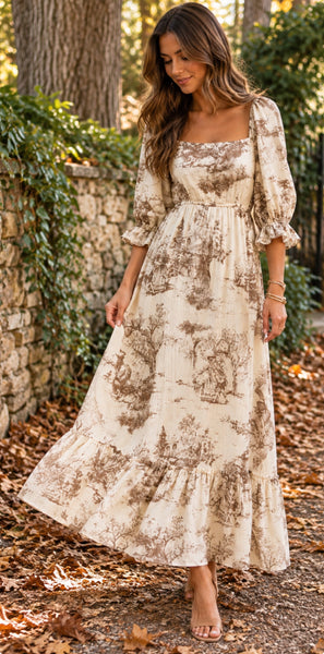 Vintage Pastoral Toile Maxi Dress
