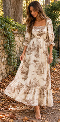 Vintage Pastoral Toile Maxi Dress