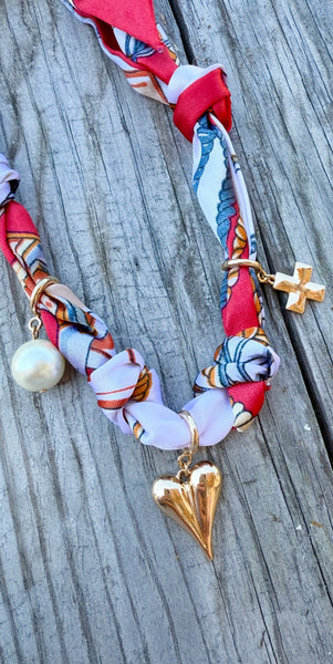 Red and White Heart, Cross and Pearl  Scarf Necklace