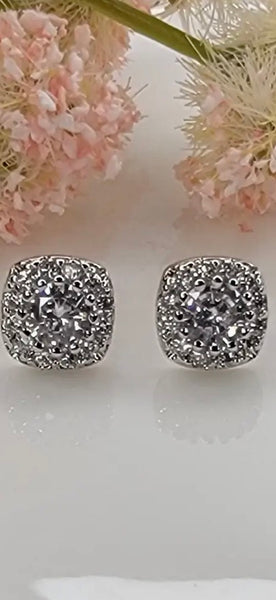 Square Shape Cubic Zirconia Post Earrings - Silver and Gold