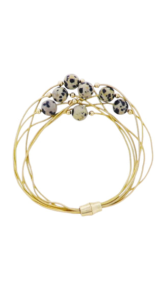 Gold Snake Rope Chain Multi Strand Bracelet with Dalmation Stone Accents