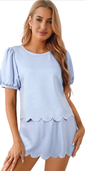 Pearl Scallop Puff Sleeve Top and Skort Set