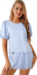 Pearl Scallop Puff Sleeve Top and Skort Set