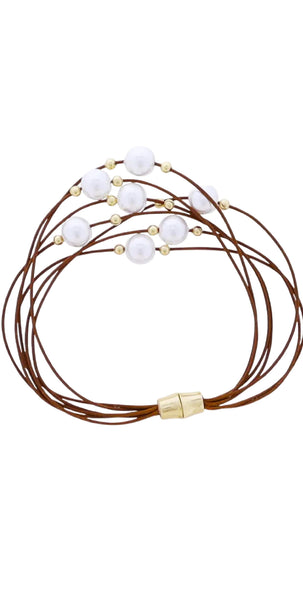 Brown Waxed Rope Multi Strand Bracelet with Pearl, Gold Ball Accents