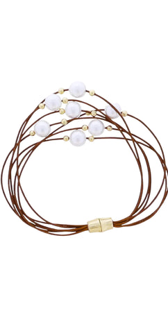 Brown Waxed Rope Multi Strand Bracelet with Pearl, Gold Ball Accents