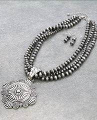 Western Navajo Style Pearl with Aztec Pendant Necklace Set