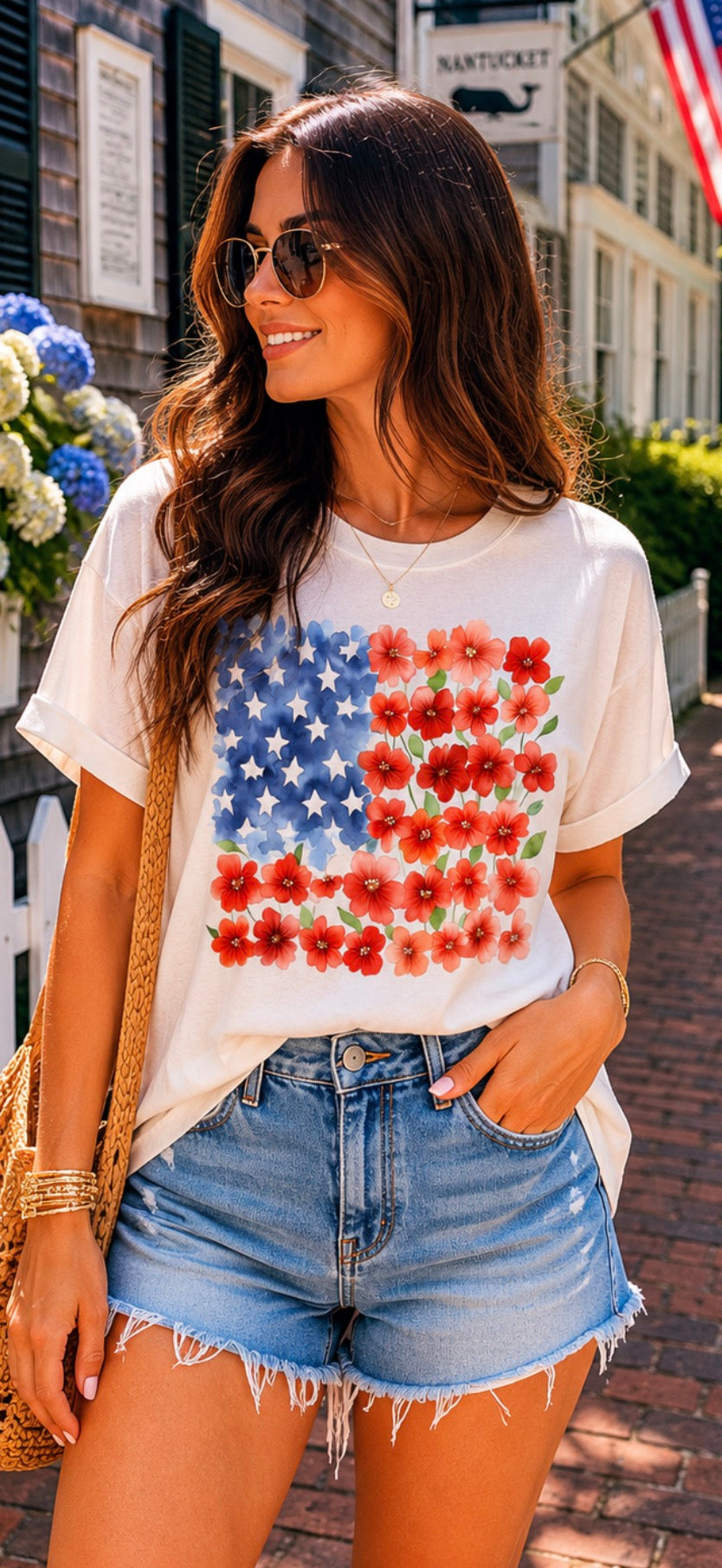 Floral Watercolor American Flag Tee