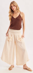 Cleo Smocked Waistband Ruffle Trim Wide Leg Pants