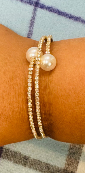 Double Pearl & Crystal Flex Cuff Bracelet
