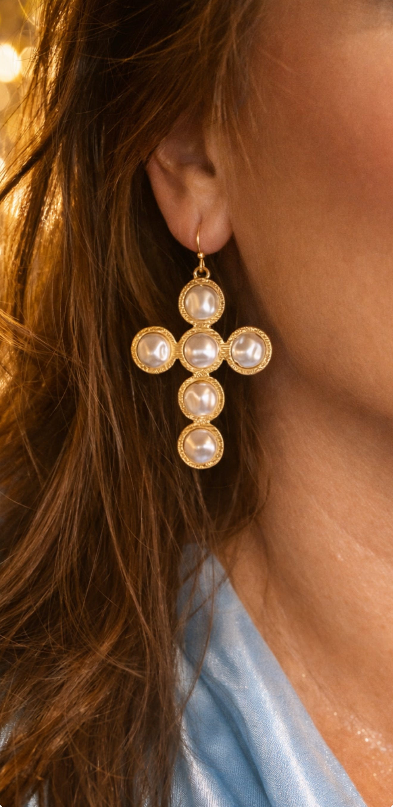 Flat Pearl Cross Earrings