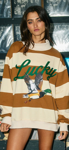 Lucky Mallard Duck Mock-Neck Stripe Sweatshirt